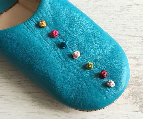 MOROCCAN POM POM BABOUCHE SLIPPERS – TURQUOISE - craftkechbrand