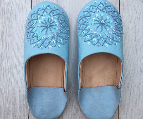 MOROCCAN BABOUCHE SLIPPERS BABY BLUE-SEQUINS - craftkechbrand