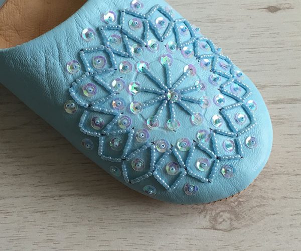 MOROCCAN BABOUCHE SLIPPERS BABY BLUE-SEQUINS - craftkechbrand