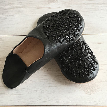 MOROCCAN BABOUCHE SLIPPERS – BLACK-SEQUINS - craftkechbrand