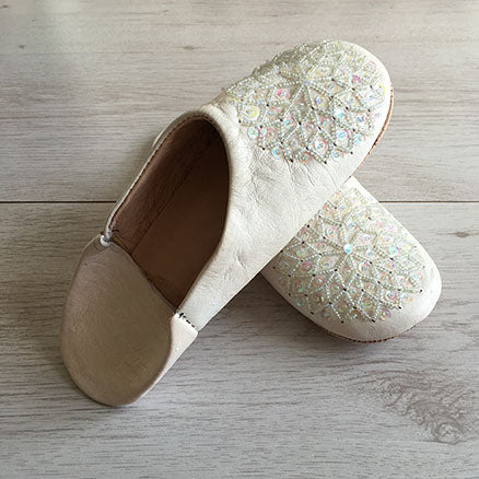 MOROCCAN BABOUCHE SLIPPERS – CREAM-SEQUINS - craftkechbrand