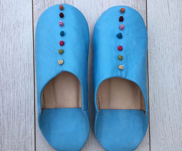 MOROCCAN POM POM BABOUCHE SLIPPERS – BABY BLUE - craftkechbrand