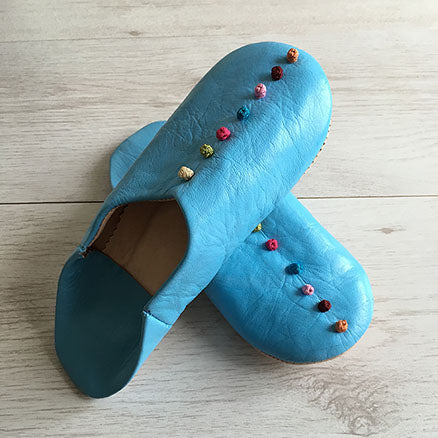 MOROCCAN POM POM BABOUCHE SLIPPERS – BABY BLUE - craftkechbrand