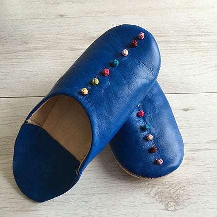 MOROCCAN POM POM BABOUCHE SLIPPERS – ROYAL BLUE - craftkechbrand